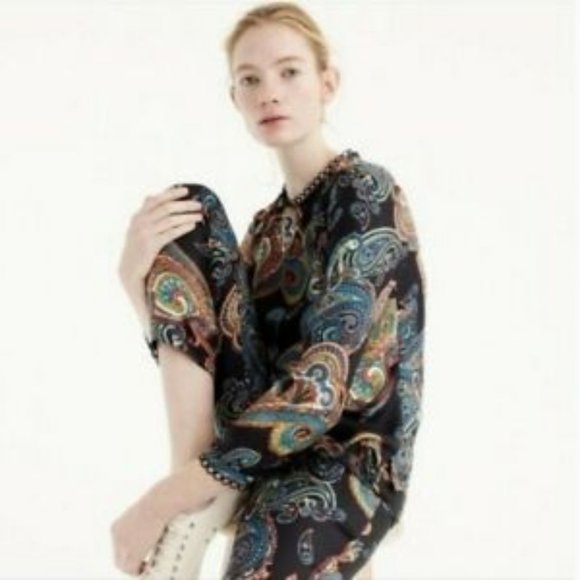 J CREW Black Bold Paisley Silk Tunic Top Blouse Womens size 8 - Picture 1 of 8